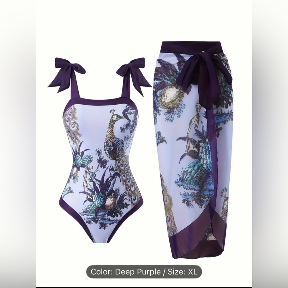 NWOT Women’s One Piece Swimsuit With Matching Coverup Skirt XL Deep Purple